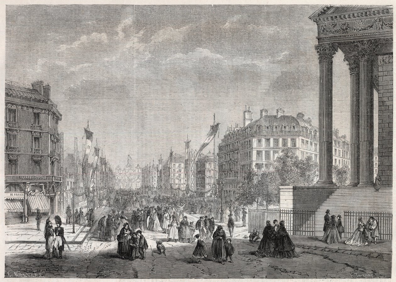 Trasformazioni di Parigi sotto il Secondo Impero, Parigi Haussmann: decorazione del Boulevard Malesherbes, il giorno della sua inaugurazione il 13 agosto 1861 - Incisione in "Le Monde Illustré" da Unknown artist