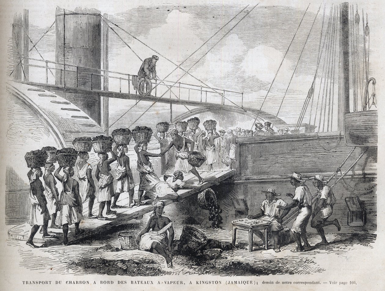 Trasporto di carbone a bordo di navi a vapore a Kingston (Giamaica) - Caricamento del carbone a Kingston - Giamaica - 1866 Incisione da "L