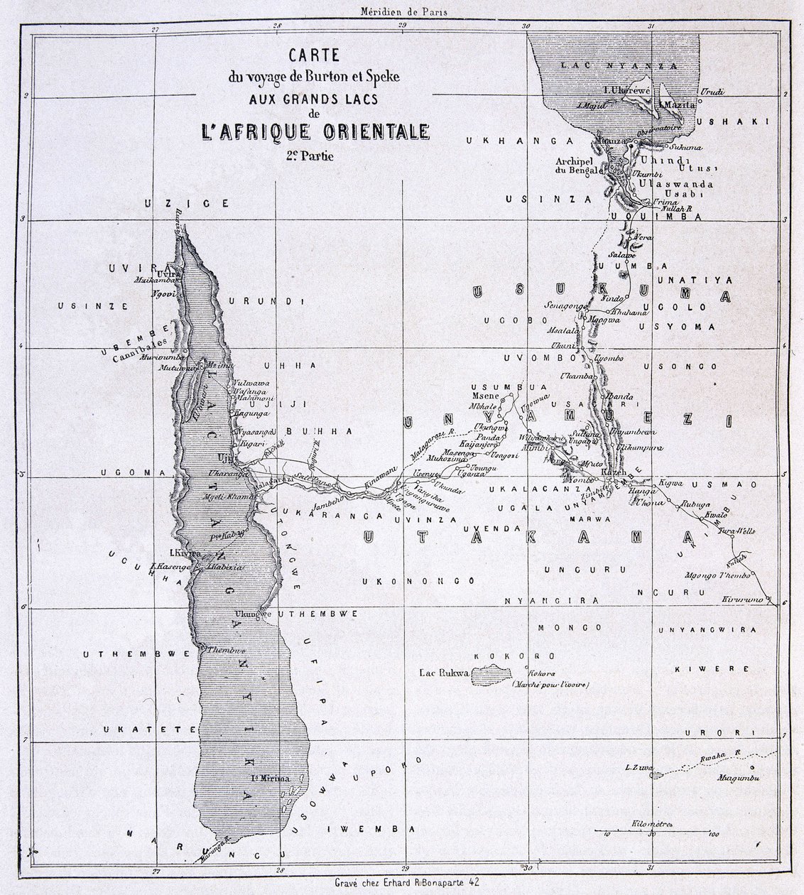 Mappa di viaggio di Richard Francis Burton, esploratore britannico (1821-1890) e Speke ai Grandi Laghi dell