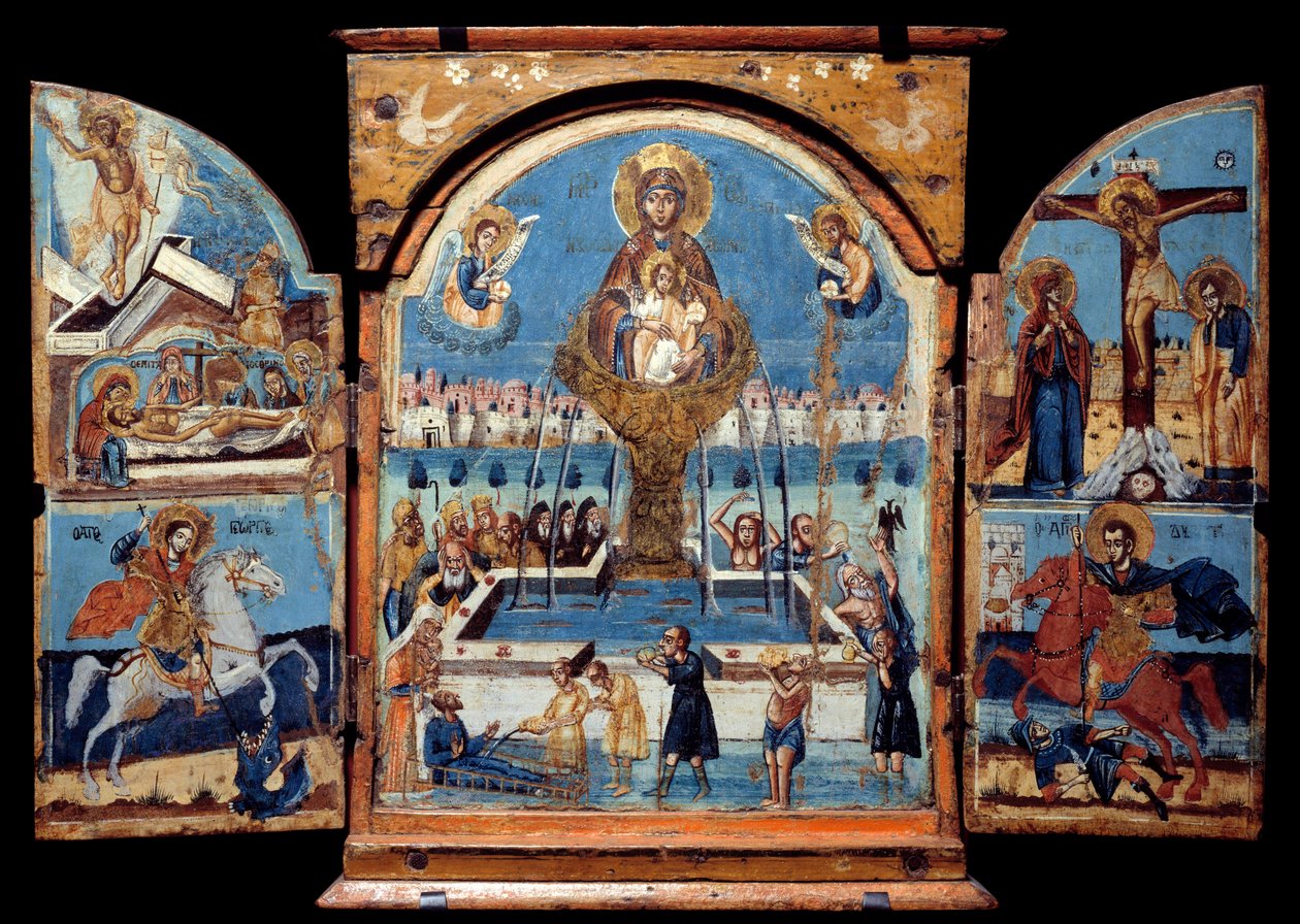 Trittico della Vergine, fonte di vita Pannello centrale: la Vergine attraversa una fontana miracolosa. A sinistra, la resurrezione e la deposizione. Sotto un cavaliere (San Giorgio) che abbatte un drago. A destra, la crocifissione e un cavaliere pun da Unknown artist