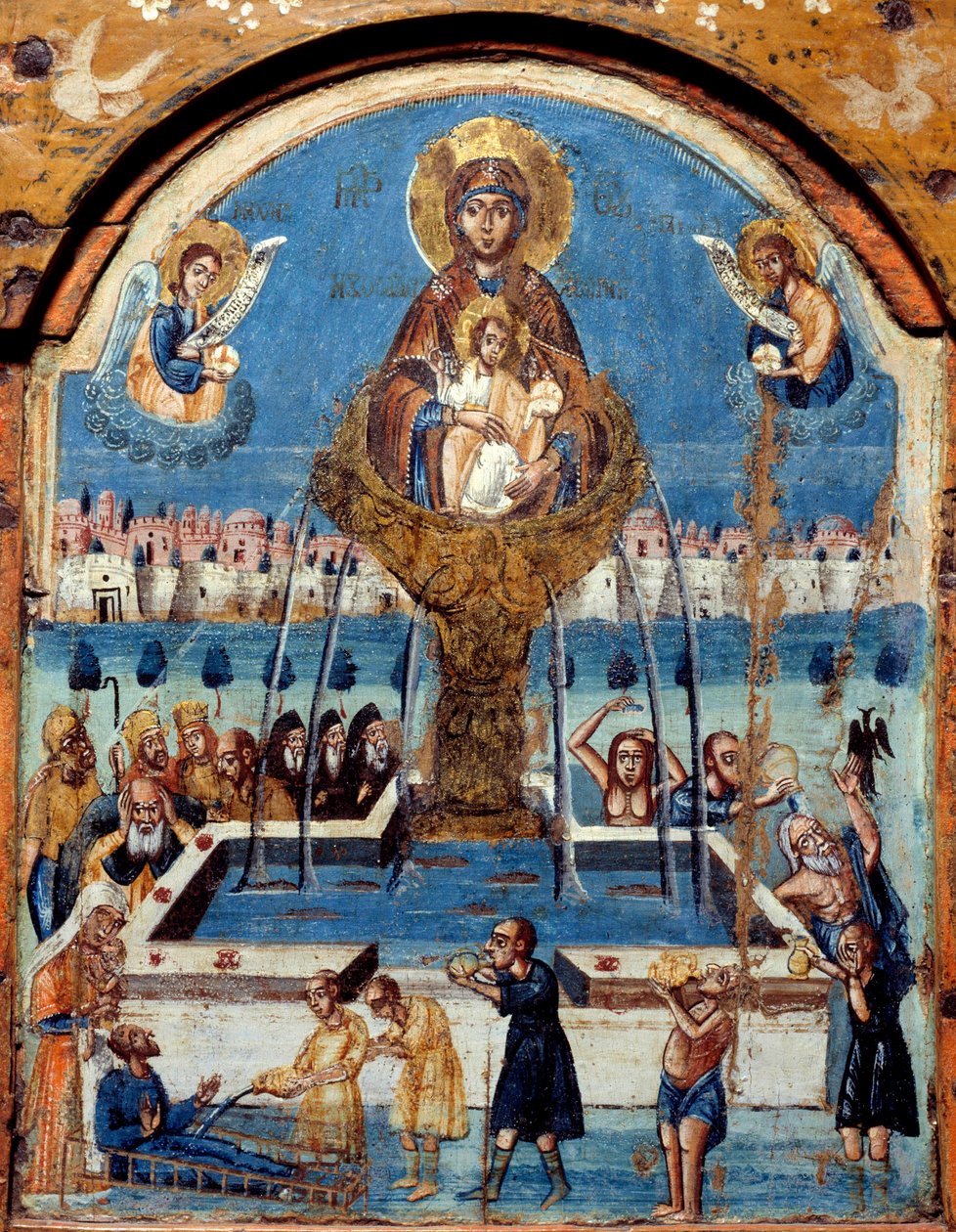 Trittico della Vergine, fonte di vita La Vergine incorona sopra una fontana miracolosa d