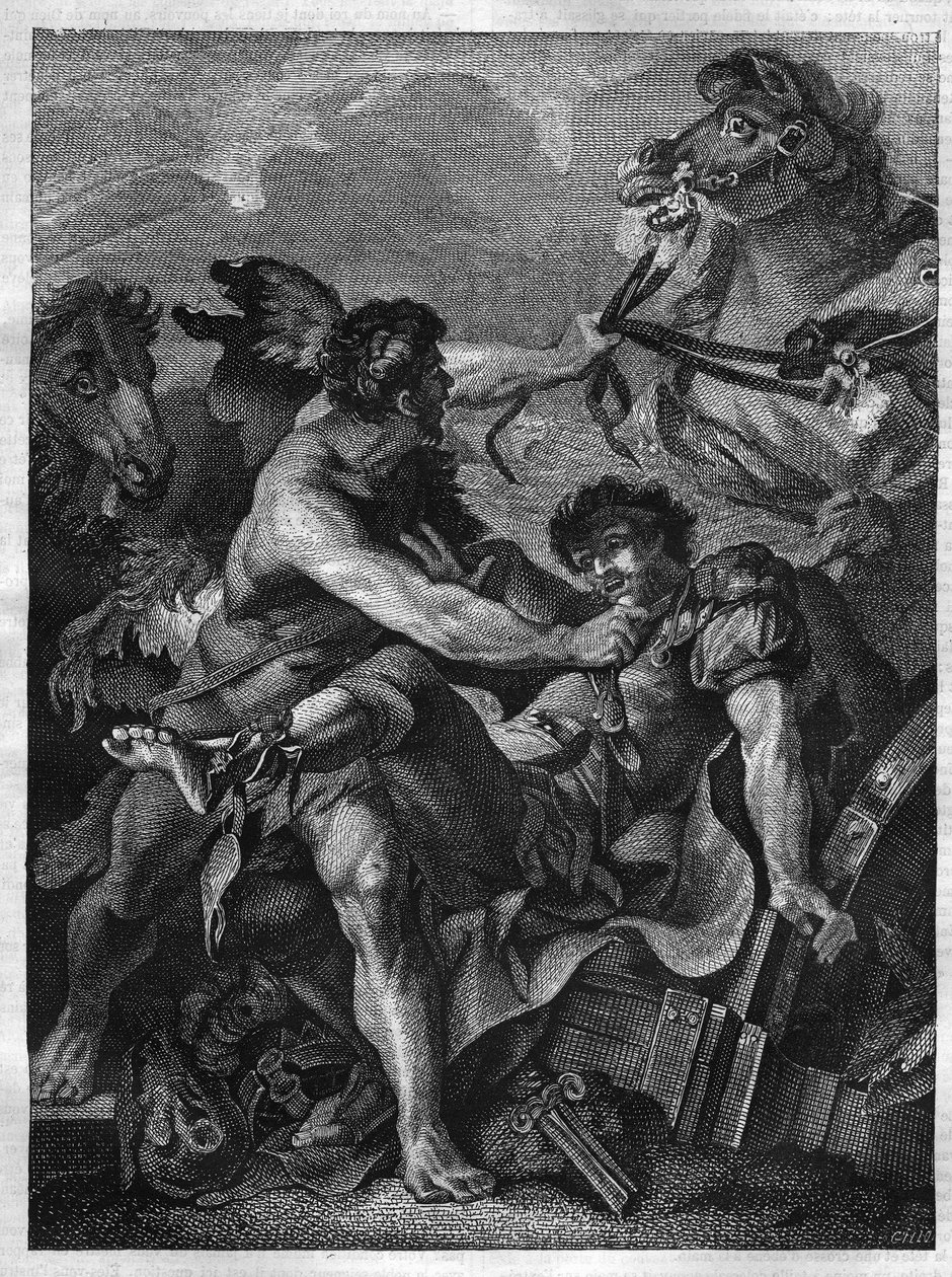 Le dodici fatiche di Ercole: Diomede ucciso da Ercole e mangiato dai suoi stessi cavalli. Incisione dal dipinto di Jean-Baptiste-Marie Pierre. da Unknown artist