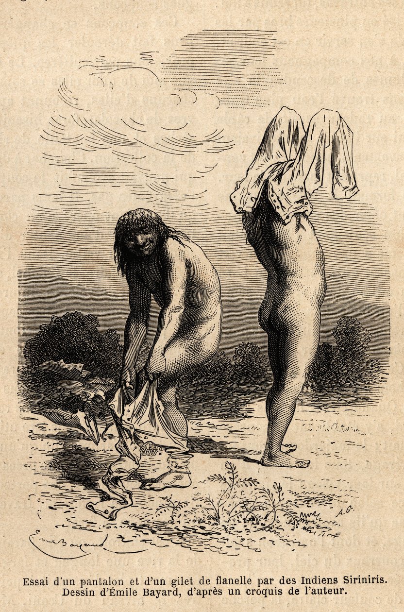 Due indiani Siriniris cercano di indossare pantaloni e gilet, che un membro della spedizione aveva messo ad asciugare sulla riva dei laghi ai piedi del Monte Basiri (Perù). Incisione per illustrare il viaggio nelle valli di Quinquinas (Perù), di Paul Marco da Unknown artist