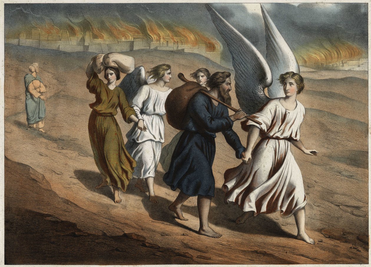 Due angeli guidano Lot e le sue figlie che devono lasciare la città di Sodoma, che, come quella di Gomorra, è distrutta da Dio. La moglie di Lot che torna in città nonostante il divieto sarà pietrificata come una statua di sale. Incisione anonima della met da Unknown artist