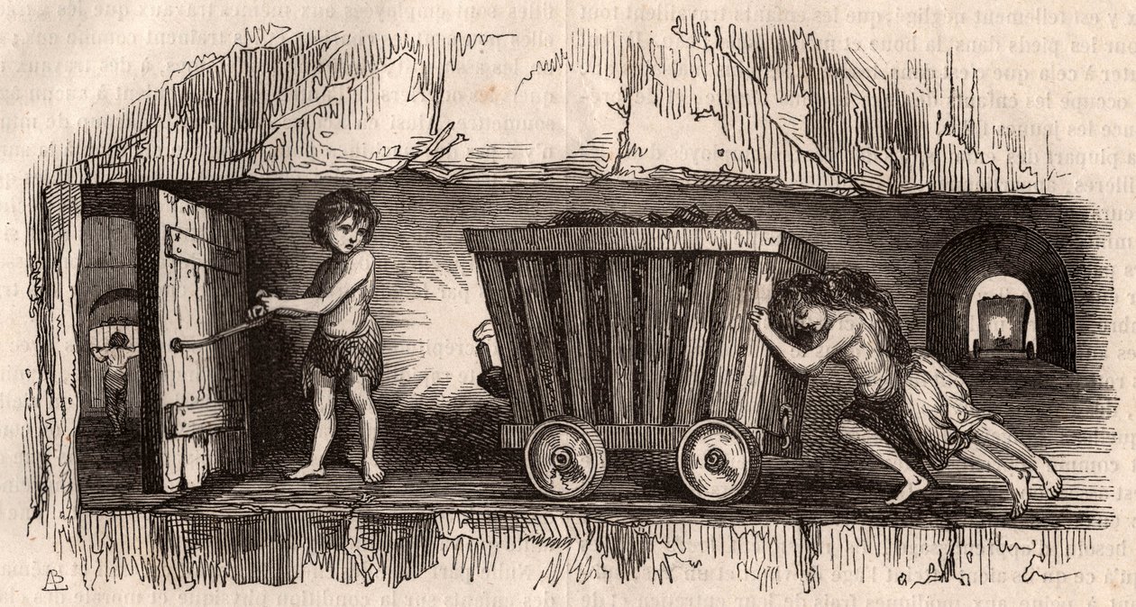 Due bambini che spingono un carrello in una miniera di carbone inglese, un terzo, il Trapper, apre una porta da Unknown