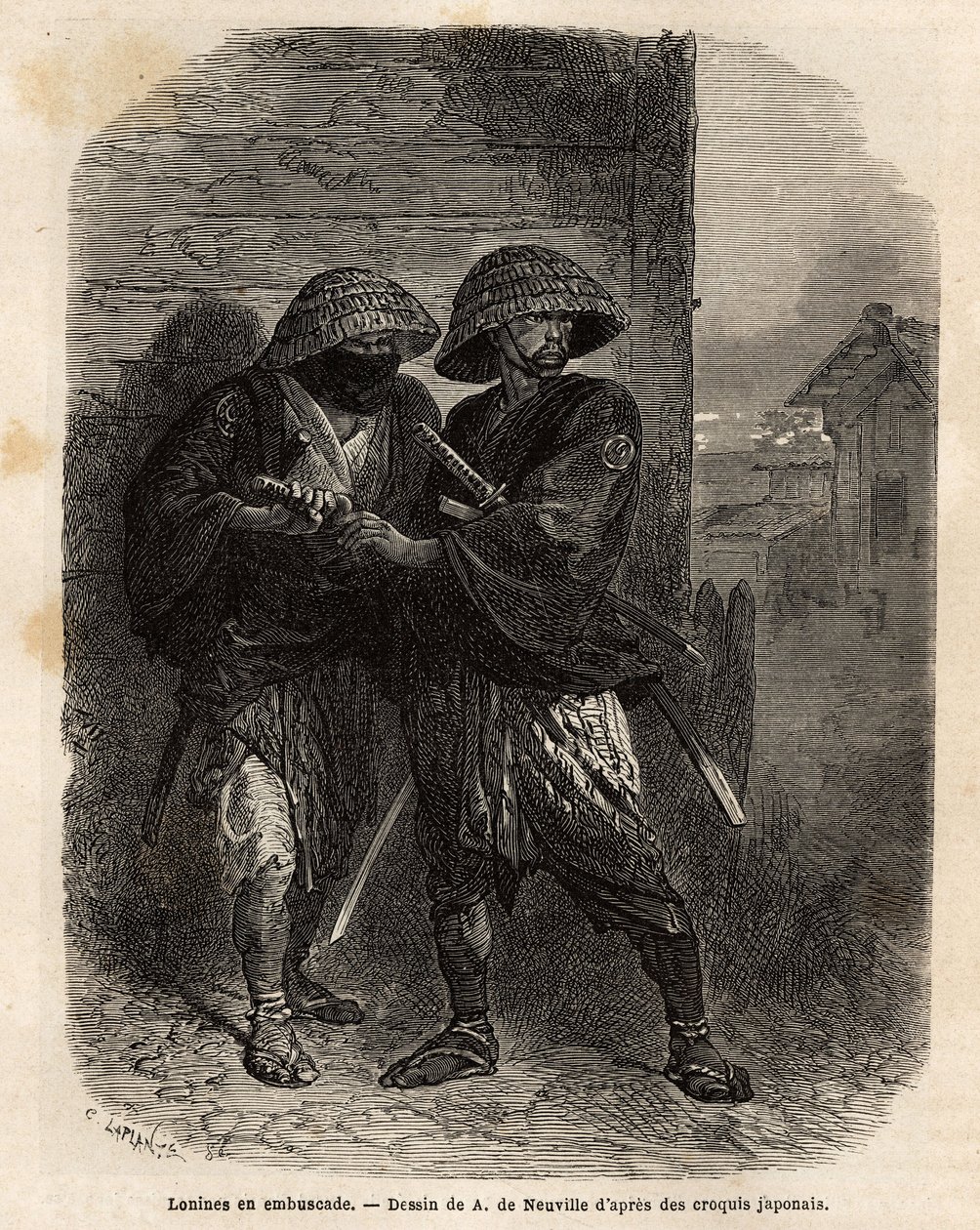 Due ronin (samurai che hanno perso il loro padrone) in agguato. Incisione per illustrare il viaggio in Giappone, nel 1863-1864, di Aime Humbert, ministro della Confederazione Svizzera, in "Le tour du monde, nouveau journal des voyages" pubblicato sotto la  da Unknown artist