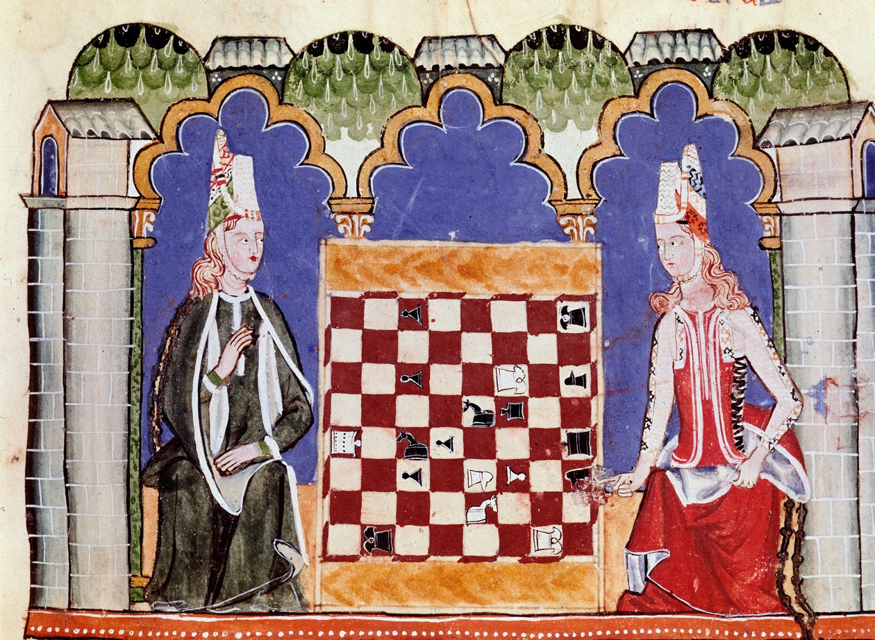 Due donne che giocano a scacchi. Miniatura dal manoscritto "Libro de los juegos" di Alfonso X il Saggio (in spagnolo, Alfonso X el Sabio) da Unknown artist