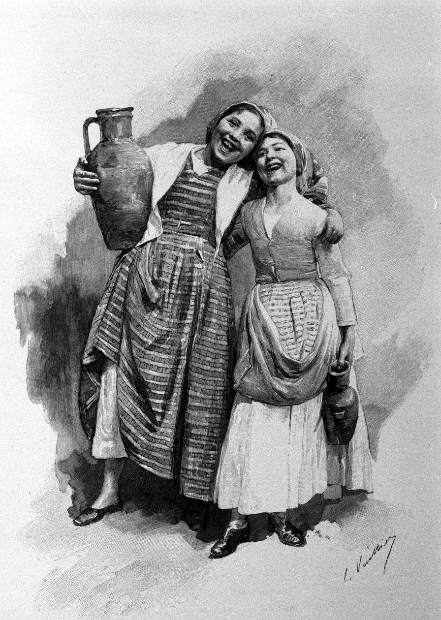 Due giovani donne del popolo, abitanti di Palermo. Incisione della Sicilia del XIX secolo da Unknown artist