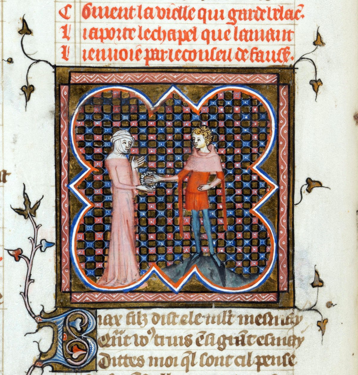 Un giovane uomo e una vecchia donna - Pagina miniata dal manoscritto "Le Roman de la Rose" di Guillaume de Lorris e Jean de Meun da Unknown artist