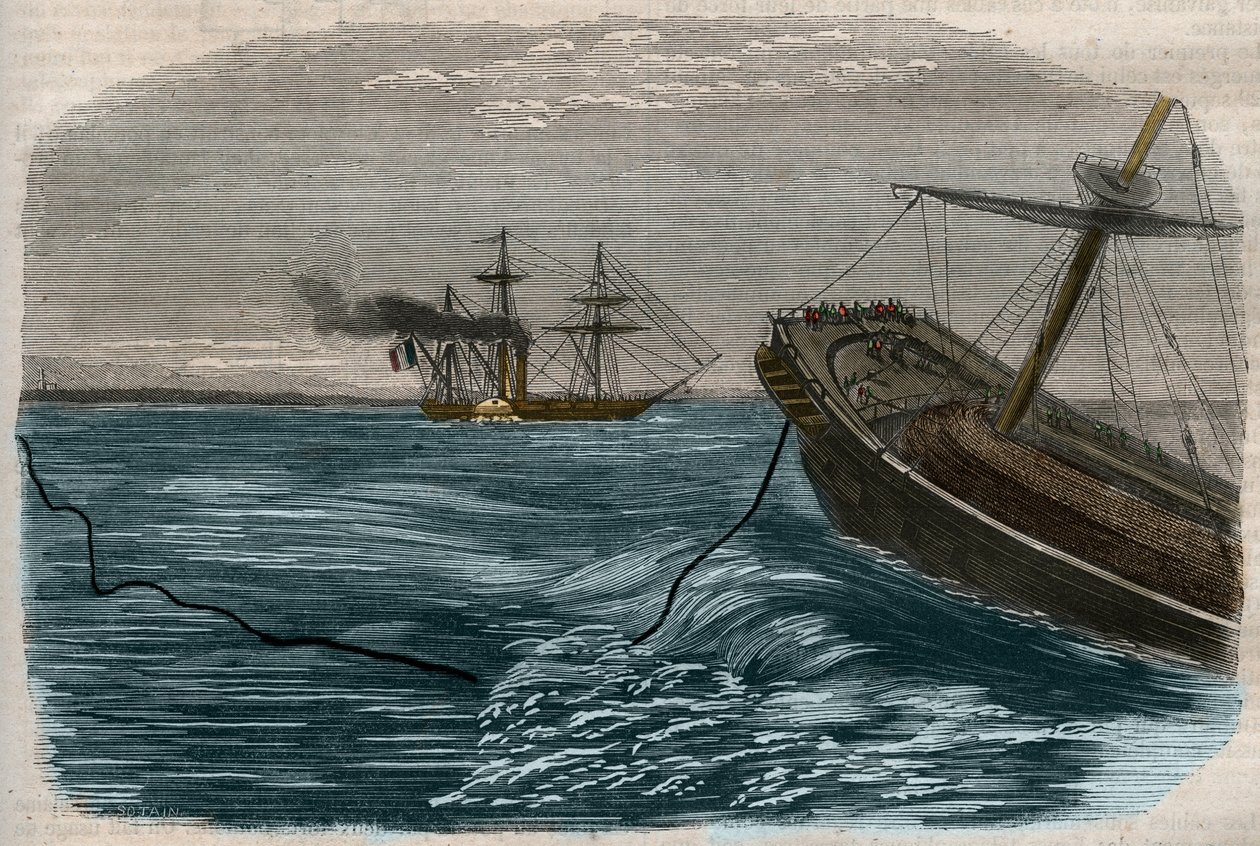 Linee telegrafiche sottomarine: La posa di un cavo sottomarino - Incisione del 1857 da Unknown artist