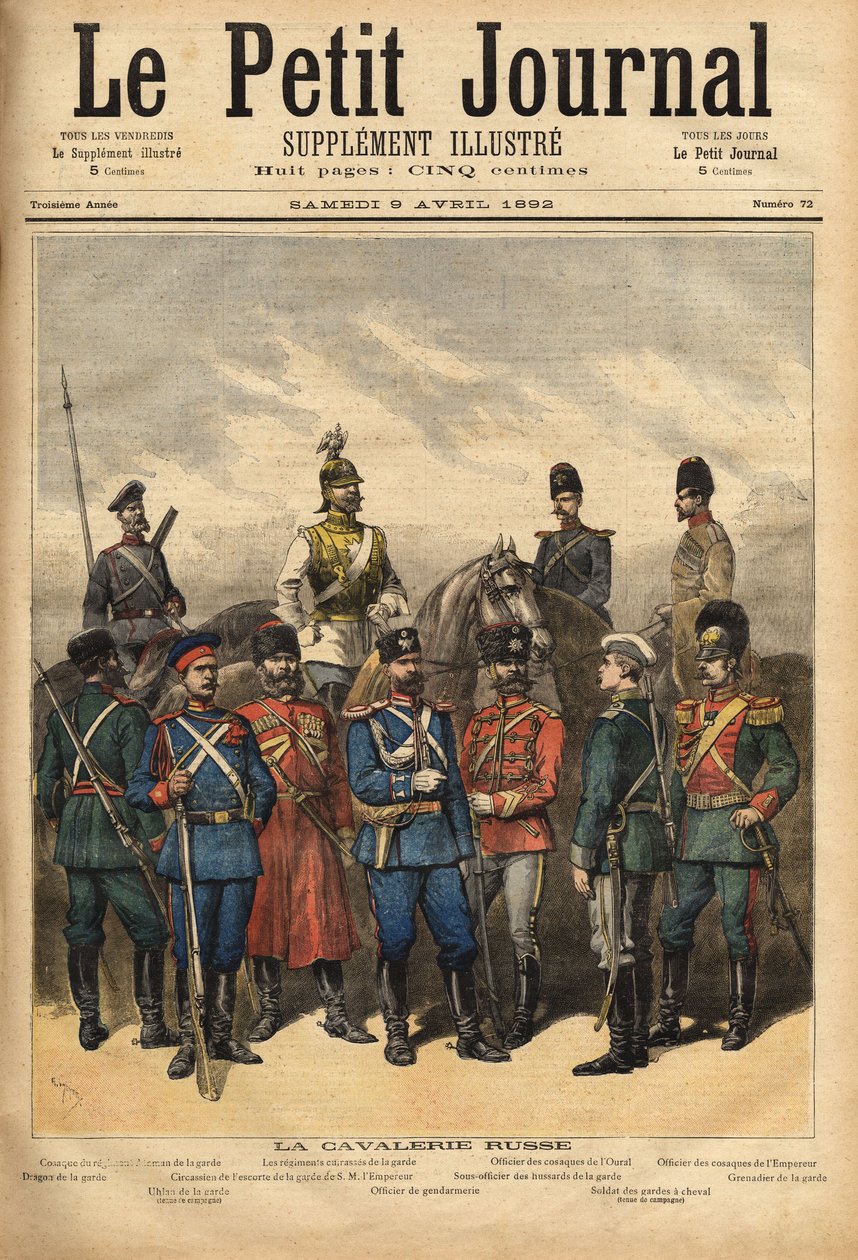 Uniformi della cavalleria russa, alleata della Francia, a cavallo da sinistra a destra: cosacco del reggimento della guardia, il reggimento corazzieri della guardia, ufficiale dei cosacchi degli Urali e ufficiale dei cosacchi dell