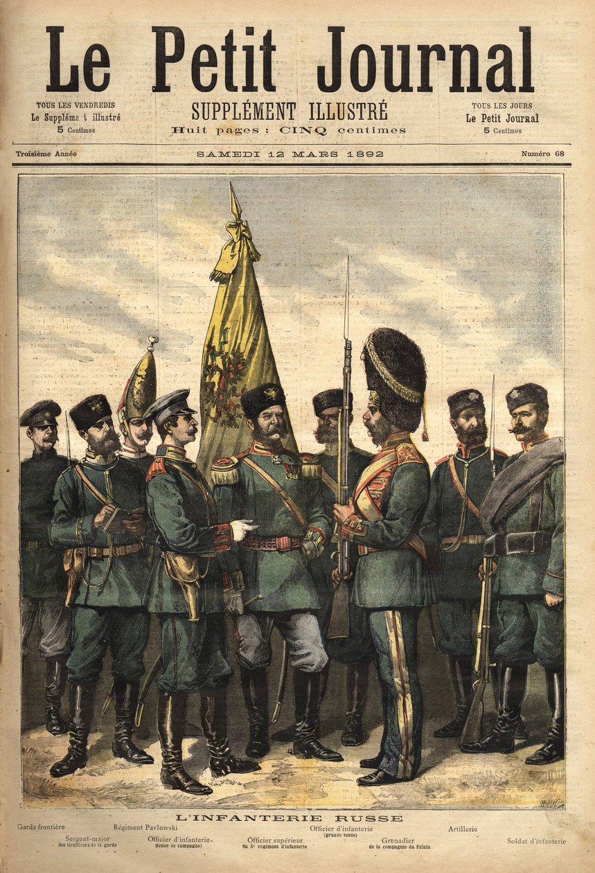 Uniformi della fanteria russa, alleata della Francia, da sinistra a destra: la guardia di frontiera, il sergente maggiore delle guardie, il reggimento Pavlowski, l