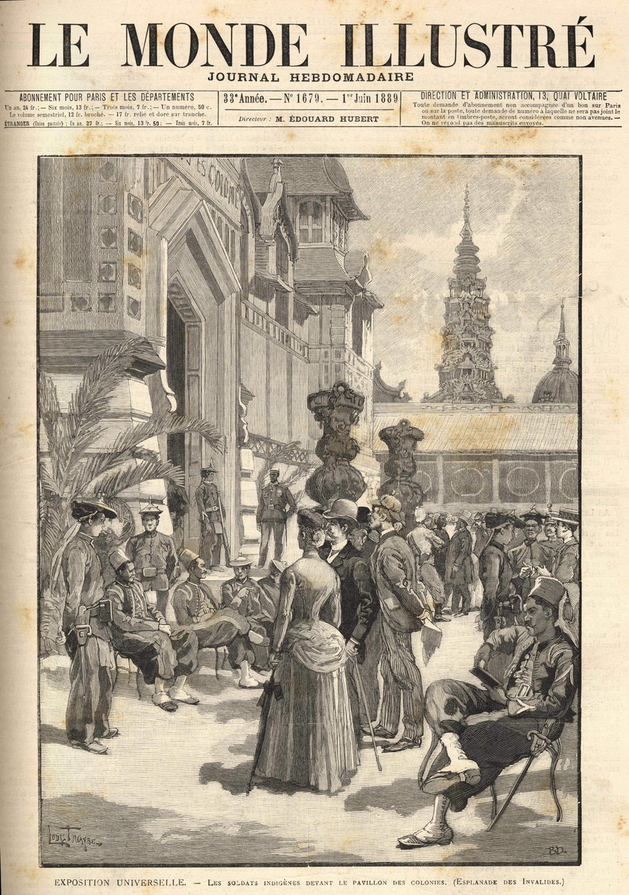 Esposizione Universale 1889 - Soldati indigeni davanti al Padiglione Coloniale (Esplanade des Invalides). Copertina di "Le Monde Illustré" del 01/06/1889 da Unknown artist