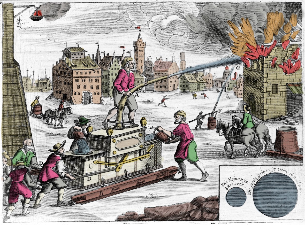 Uso di una pompa antincendio da parte di una squadra di pompieri. Incisione da "Theatrum Machinarum novum" di Georg Andreas Bockler (1644-1698) da Unknown artist