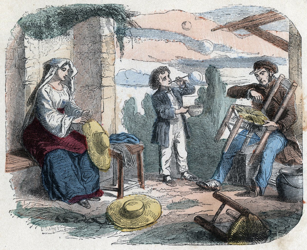 Uso della paglia nel XIX secolo: un uomo guarnisce una sedia con la paglia, una donna intreccia cappelli (cesteria), un bambino fa bolle di sapone con una paglia. Incisione fine XIX secolo. da Unknown artist