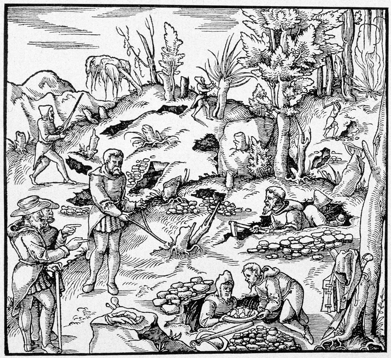 Uso del secchio magico per cercare i tesori della terra - in "Il Libro delle Miniere" di Agricola da Unknown artist