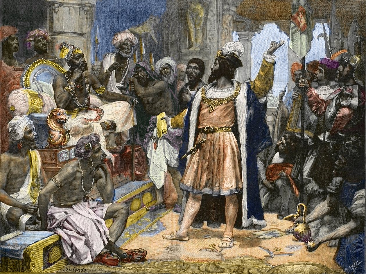 Vasco da Gama consegna la lettera del Re Manuele del Portogallo al Samorim di Calicut - dopo un dipinto da Unknown artist