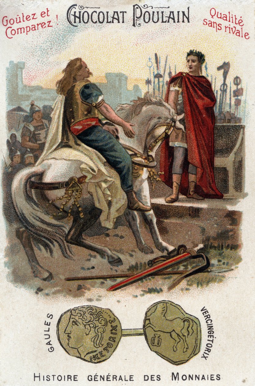 Vercingetorige (72-46 a.C.), capo della ribellione gallica, depone le armi ai piedi di Cesare (100-44 a.C.), dopo aver perso definitivamente la città di Alesia. Cromolitografia del tardo XIX secolo - Collezione privata. da Unknown artist