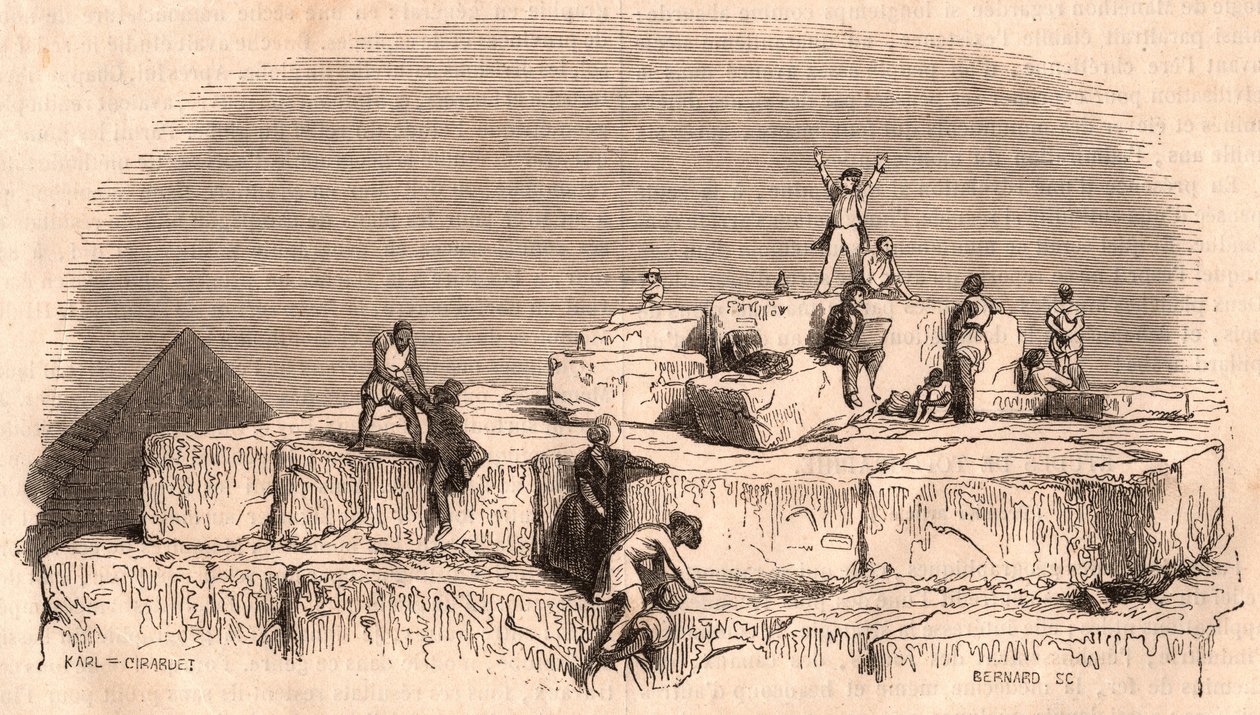 Vista dalla cima della Grande Piramide di Khufu: un gruppo di europei che arriva sulla sommità aiutato dagli egiziani da Unknown