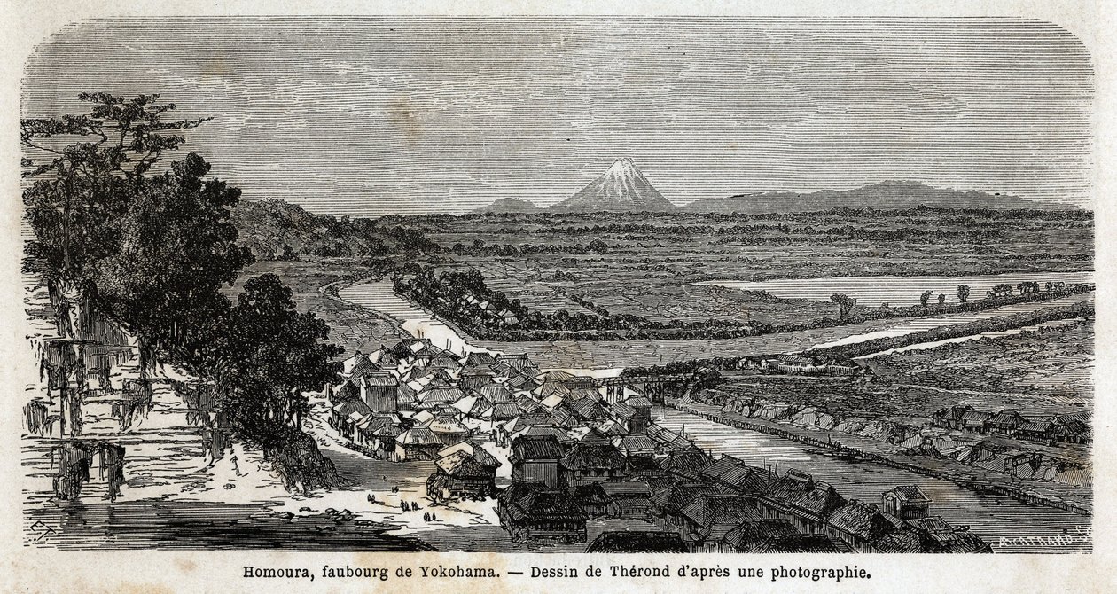 Veduta di Homoura, sobborgo di Yokohama, con il Monte Fuji sullo sfondo. Incisione per illustrare il viaggio in Giappone nel 1863-1864, di Aime Humbert, ministro della Confederazione Svizzera, in "Le tour du monde, nouveau journal des voyages" da Unknown artist