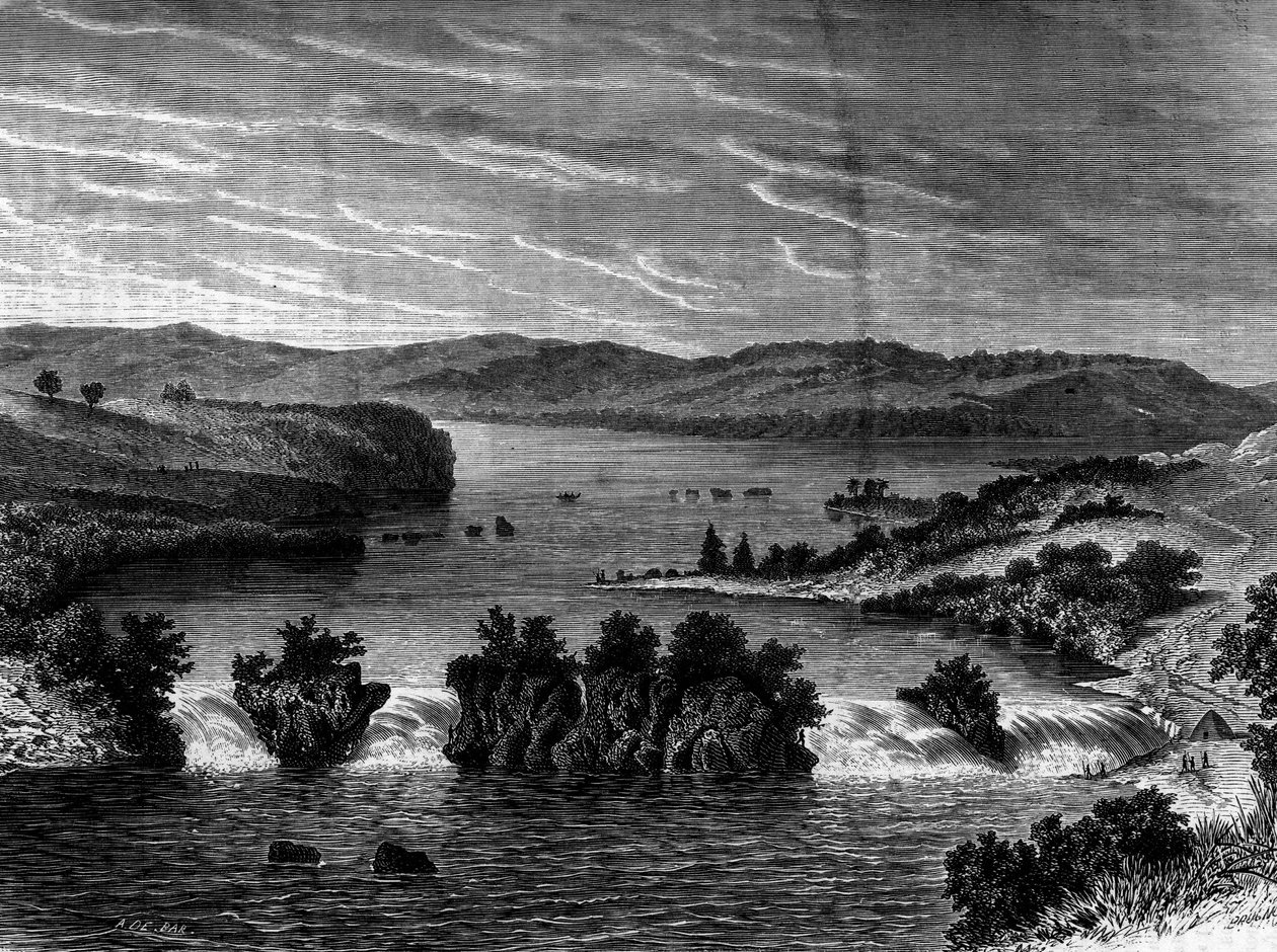 Vista del Lago Vittoria, Africa. Incisione in "Le Journal de la jeunesse". da Unknown artist