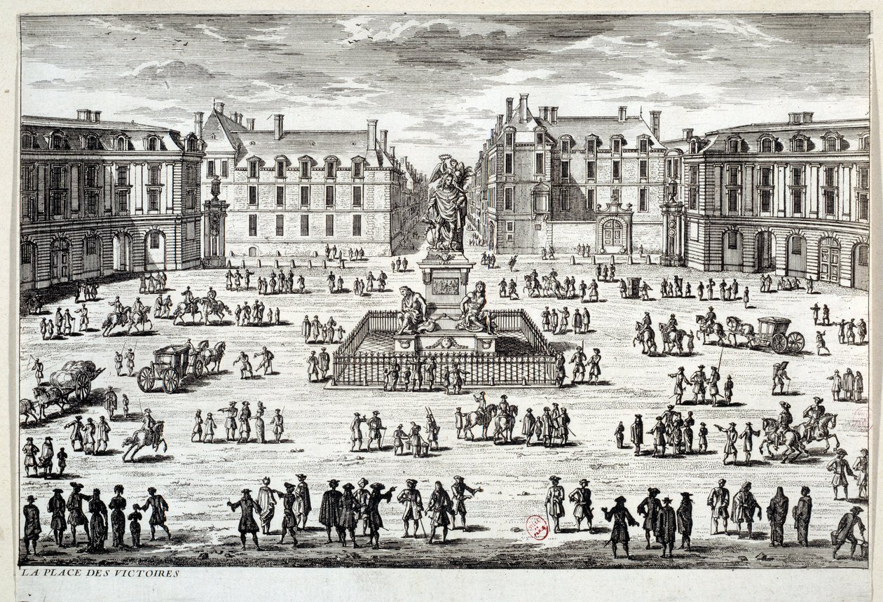 Veduta di Place des Victoires a Parigi con la statua di Luigi XIV eretta dal maresciallo de la Feuillade nel 1686. Incisione del XVII secolo da Unknown artist