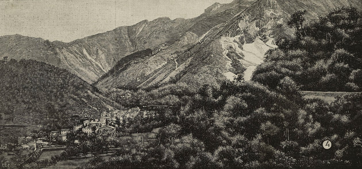 Veduta di Torano presso Carrara, Italia, sullo sfondo una cava di marmo, incisione da una fotografia di A Noak da L