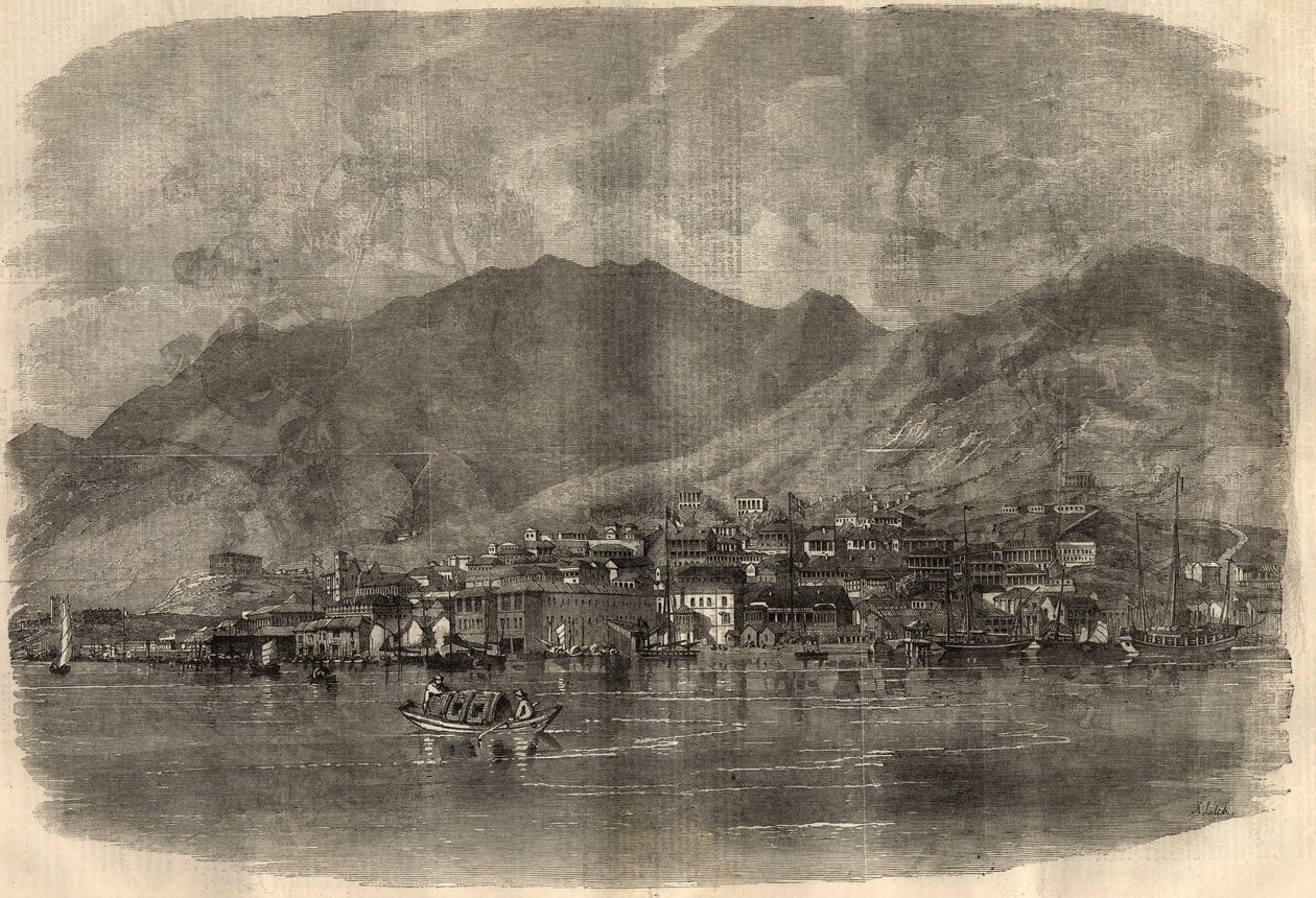 Veduta della città di Victoria a Hong Kong. Incisione in "The Illustrated London News" del 14 marzo da Unknown artist