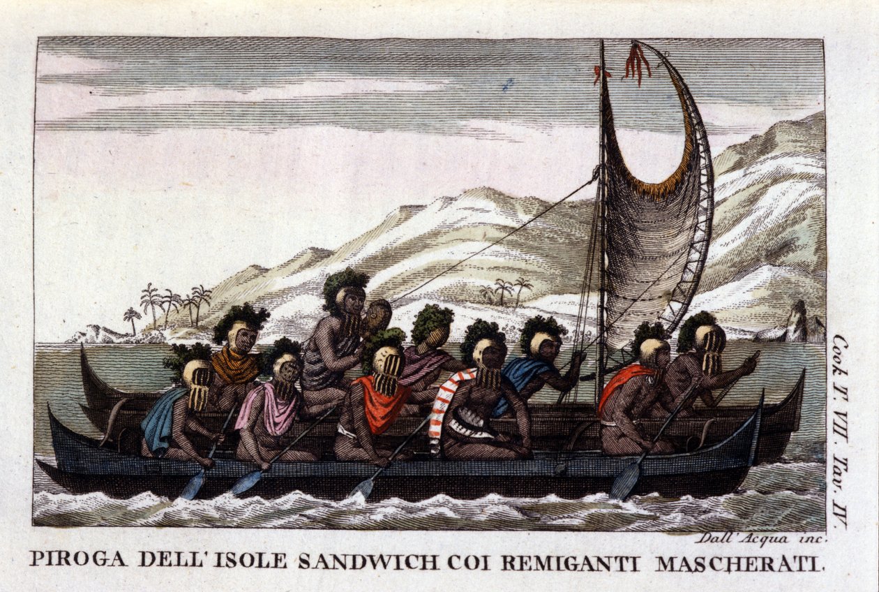 Veduta di una canoa con vele delle isole Hawaii in Polinesia, l