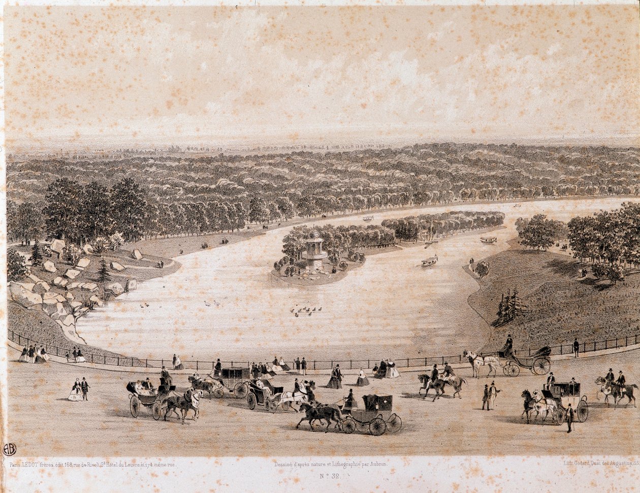 Veduta del Bois de Boulogne a Parigi. Litografia del 1850. Collezione privata da Unknown artist