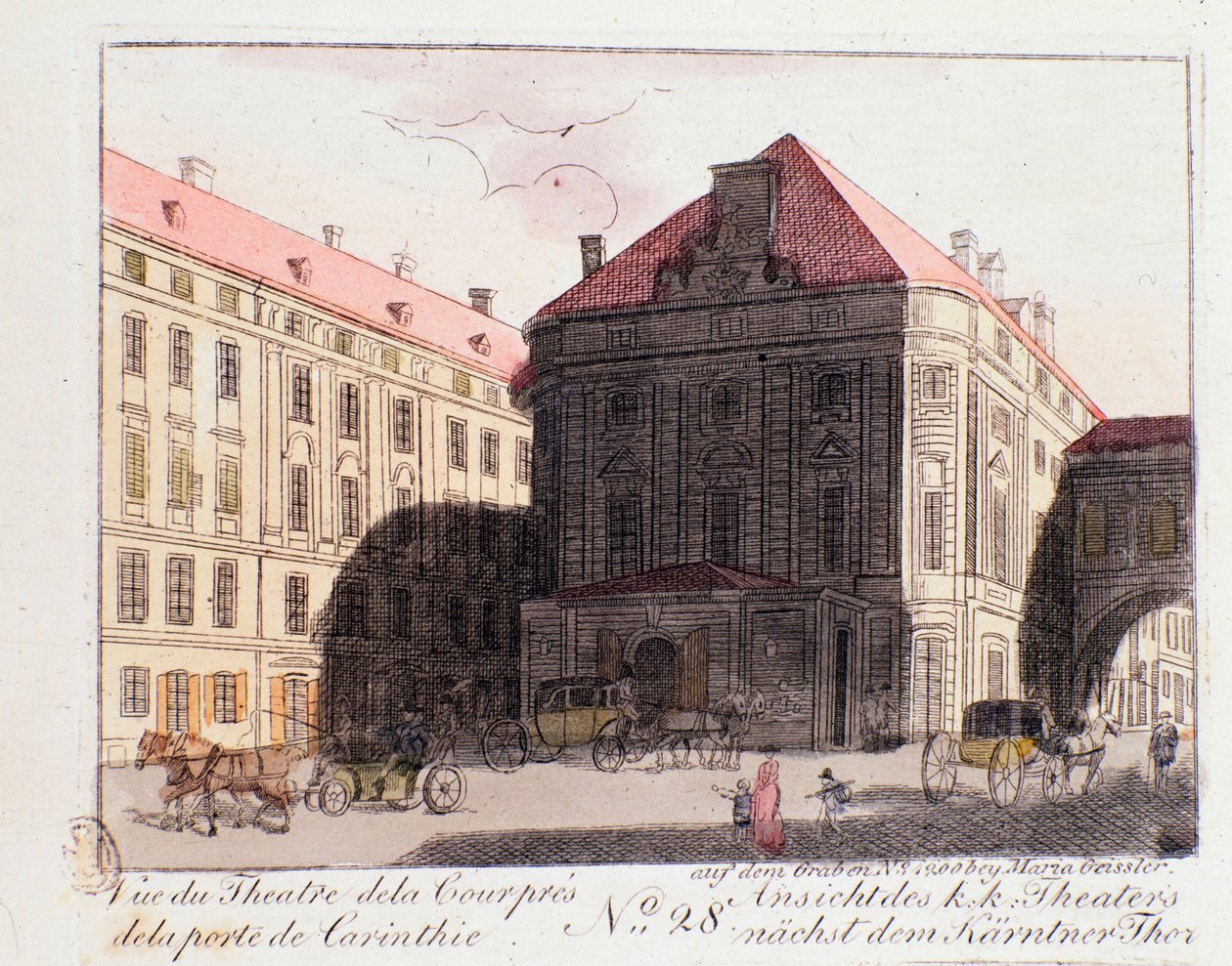 Veduta del Teatro di Corte vicino alla Porta della Carinzia (Karntnertortheater o Theater am Karntnertor) a Vienna dove la 9ª Sinfonia di Beethoven fu rappresentata per la prima volta il 07/05/1824. Austria. Incisione del 1815 Collezione privata da Unknown artist