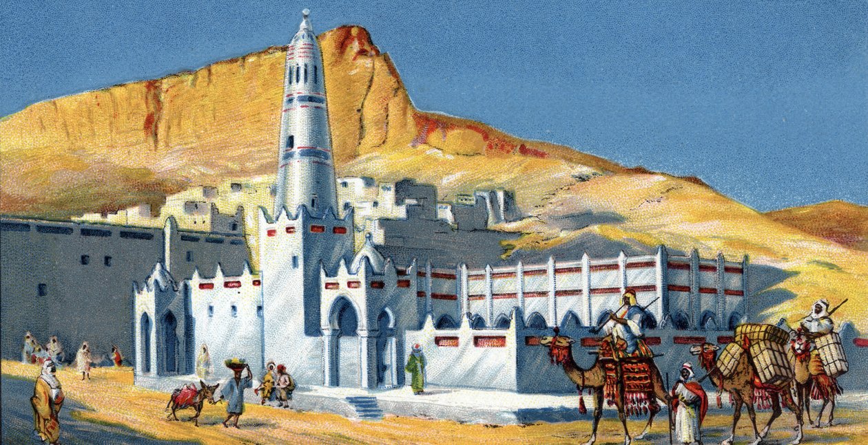 Veduta della Moschea di Horeda, deserto di Hadramaout, Yemen (Moschea di Horeda Hadramaut Yemen) Cromolitografia del 1930 Collezione privata da Unknown Artist