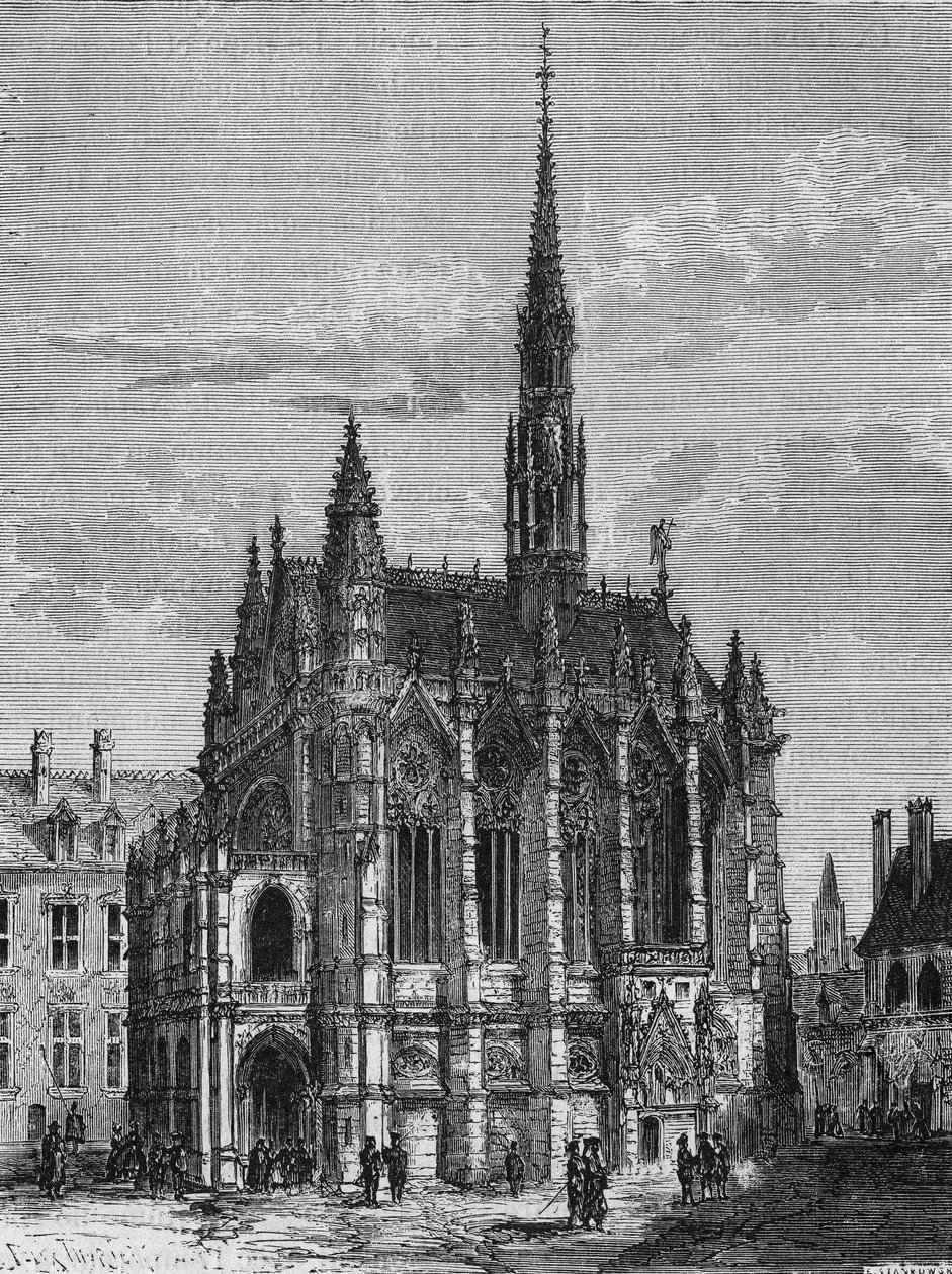 Veduta della chiesa di Sainte Chapelle a Parigi. Incisione da L