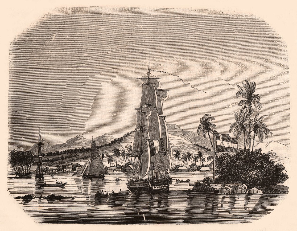 Vista della baia di Papeete e del blocco Regina, Tahiti, Polinesia Francese e in primo piano barche a vela e barche da Unknown