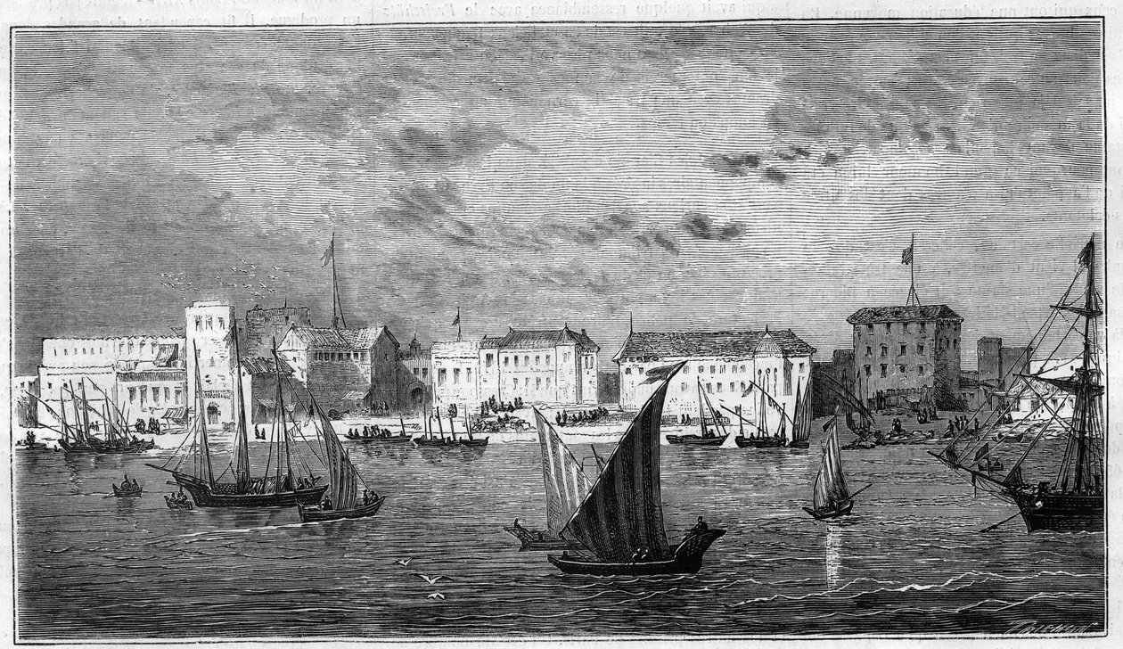 Veduta della città di Zanzibar in Africa. A sinistra, il consolato francese. A destra, il palazzo del sultano e l