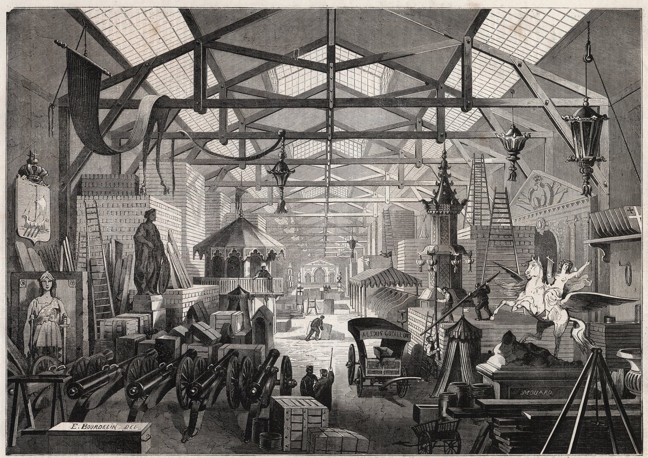 Veduta dei laboratori di costruzione di Eugene Delessert, azienda che organizza feste pubbliche, avenue Dauphine a Parigi - Incisione in "Le Monde Illustré" da Unknown artist