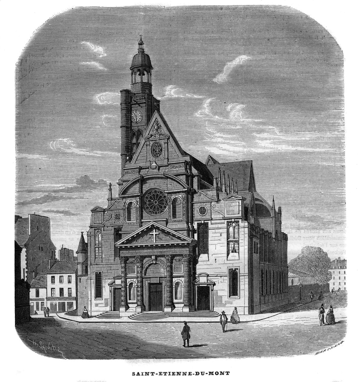 Vista della facciata della chiesa di Saint-Etienne-du-Mont, Place Sainte-Genevieve a Parigi nel 1858. da Unknown artist