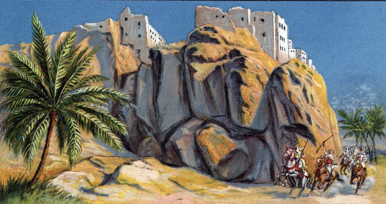 Veduta della città fortificata di Al-Hadjaren (Alhadjaren), Yemen (Veduta di Al Hadjaren, Yemen) Cromolitografia del 1930 Collezione privata da Unknown Artist
