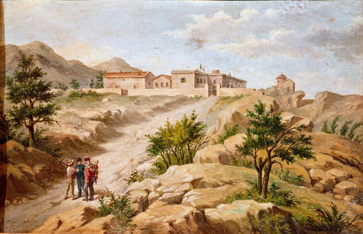 Veduta della casa del patriota italiano e eroe del Risorgimento Giuseppe Garibaldi (1807-1882) a Caprera (Sardegna). Garibaldi è con due contadini a sinistra del quadro da Unknown artist