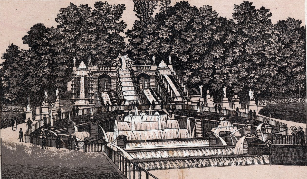 Vista della grande cascata nel parco di Saint-Cloud, Francia in "Il mondo illustra 168 vedute" da Unknown artist
