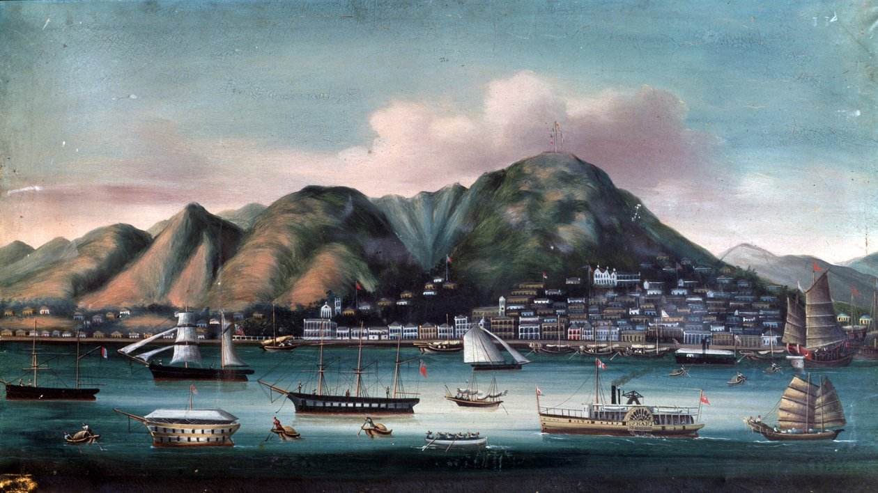 Veduta del porto di Hong Kong (barche a vela e battello a pale) da Unknown artist