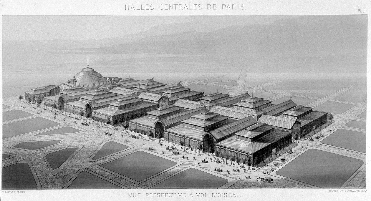 Vista del cielo delle halles centrali di Parigi (padiglioni Balard) - Monografia delle Halles Centrali di Parigi, di V. Balard da Unknown artist