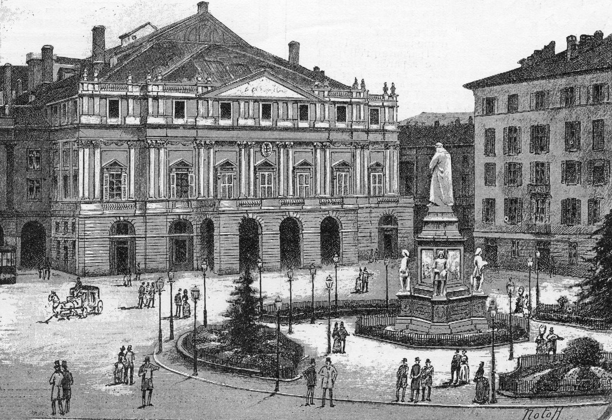 Vista del teatro della Scala a Milano, Italia. Incisione in 