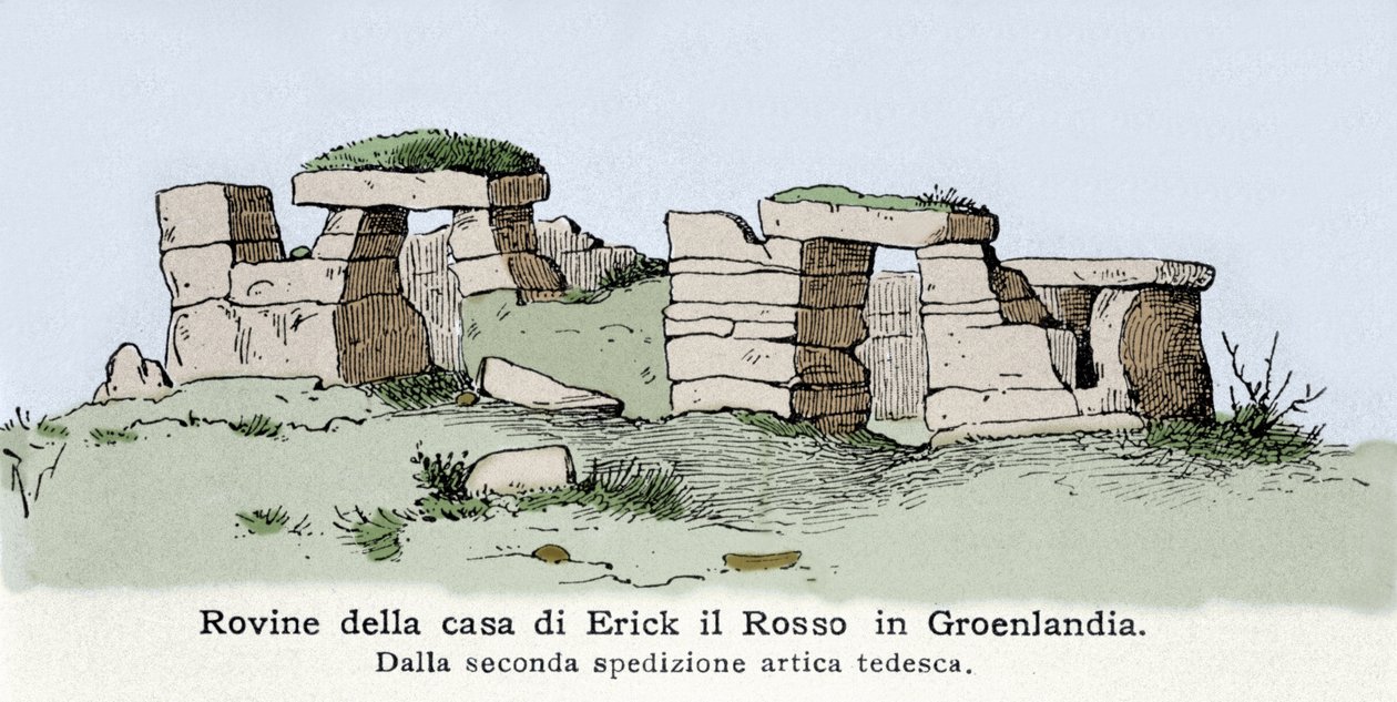 Vista delle rovine della casa del norvegese Erik il Rosso in Groenlandia. Illustrazione del XIX secolo da Unknown artist