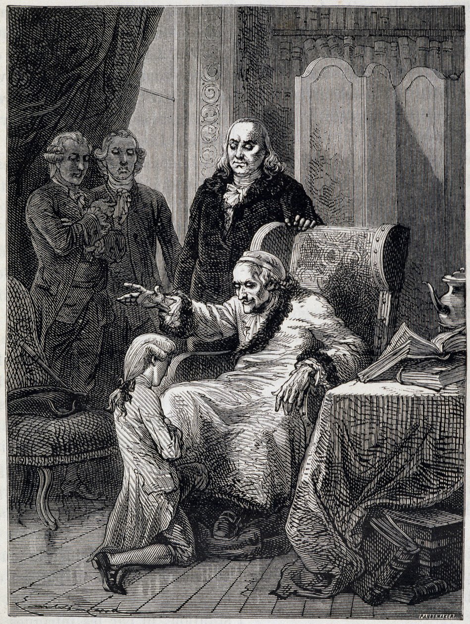 Voltaire che fa sedere il nipote di Franklin - in "L