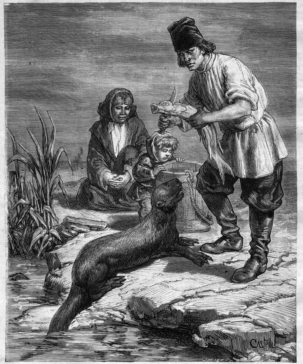 Viaggio di Alphonse Louis Pinart in Nord America e Alaska - caccia e pesca in Alaska - incisione in 
