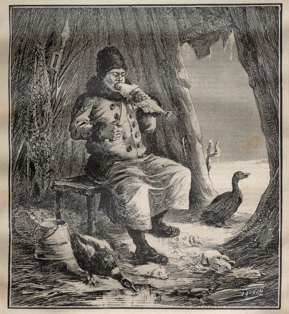 Ostiak (Khanty o Khante) della Siberia che mangia pesce - Incisione in "La Science française" da Unknown artist