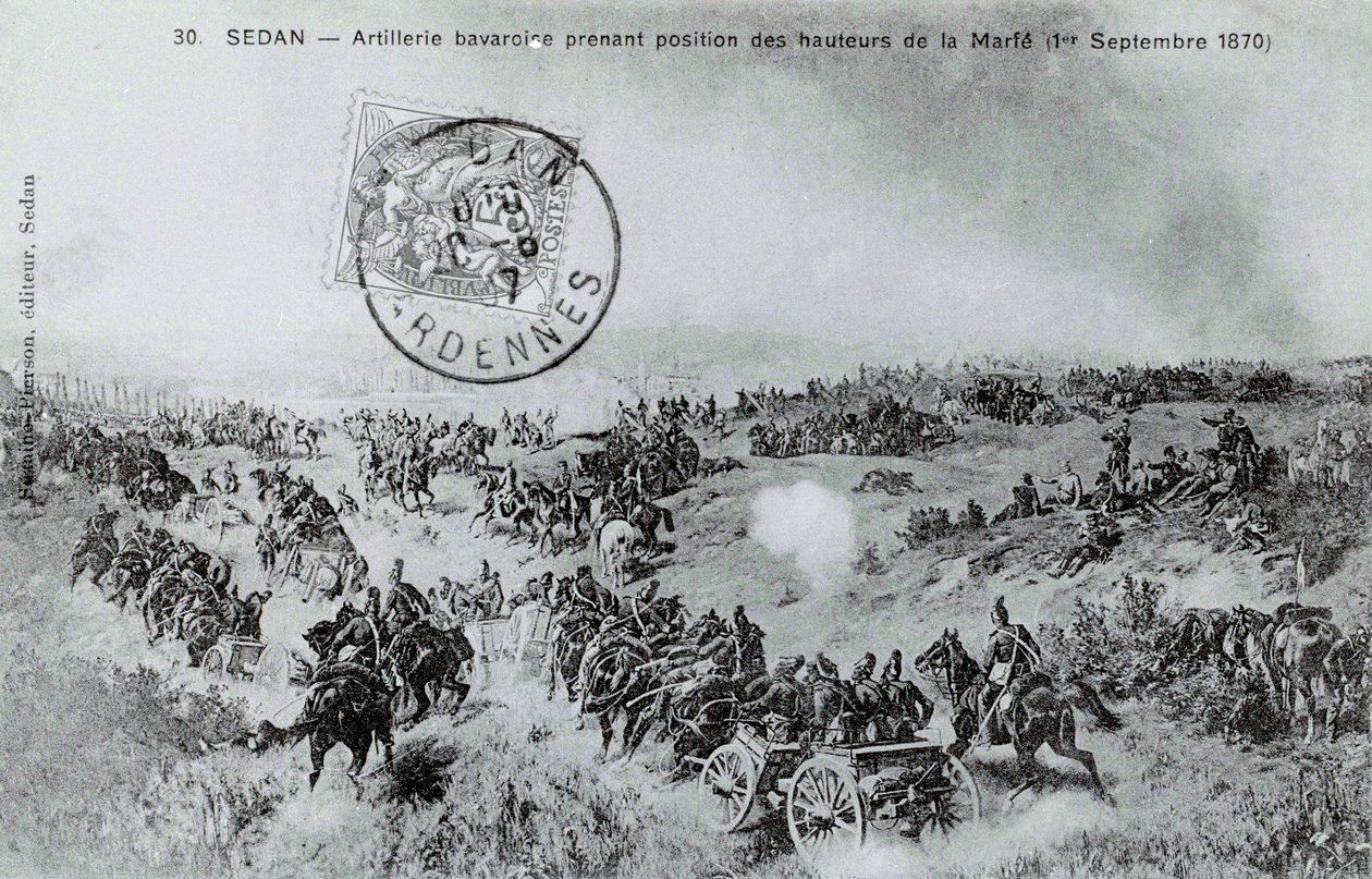 Guerra del 1870: artiglieria bavarese che prende posizione dalle alture della Marfe nelle Ardenne il 01/09/1870. Incisione del 1870 da Unknown artist