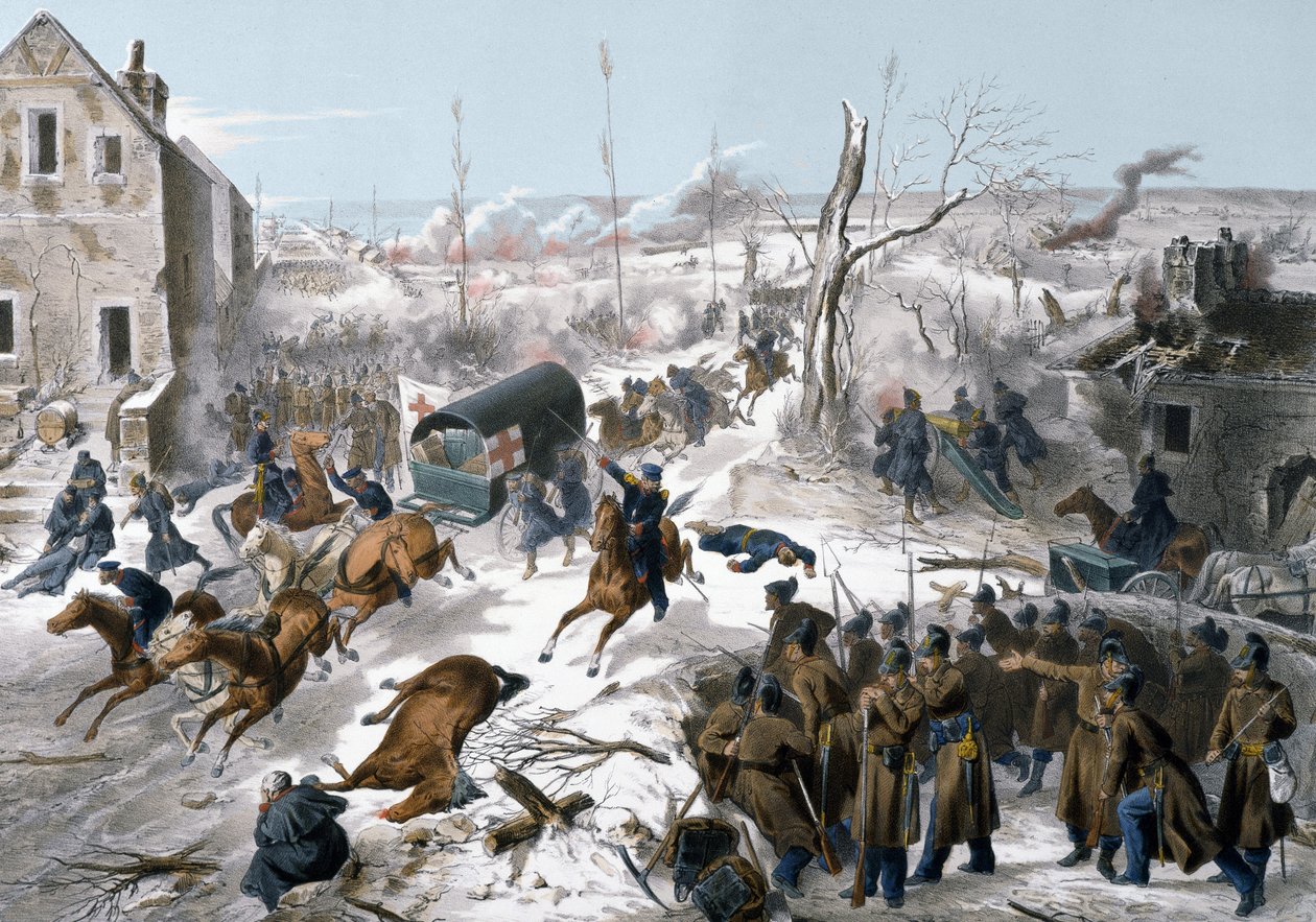 Guerra del 1870 tra Francia e Prussia: Croce Rossa durante la Battaglia di Bapaume nel Pas de Calais il 2 e 3 gennaio 1871 che vide la vittoria dell