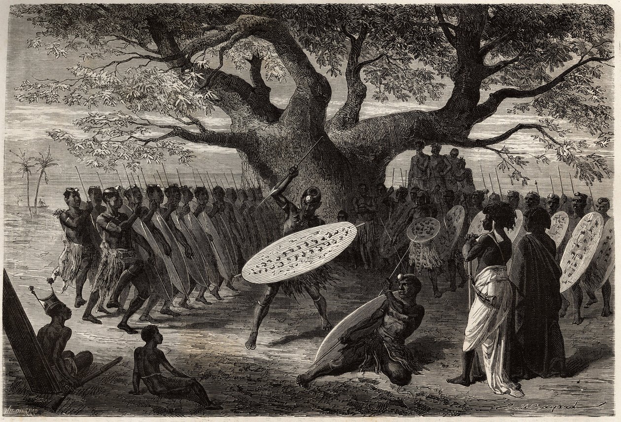 Esercizi guerrieri dei Landines o caffres-zulus, una Sena (regione del fiume Zambesi, Mozambico). Incisione per illustrare i primi viaggi del Dr. Livingstone in Africa meridionale dal 1840 al 1856, in "Le tour du monde, nouveau journal des voyages", a cura da Unknown artist